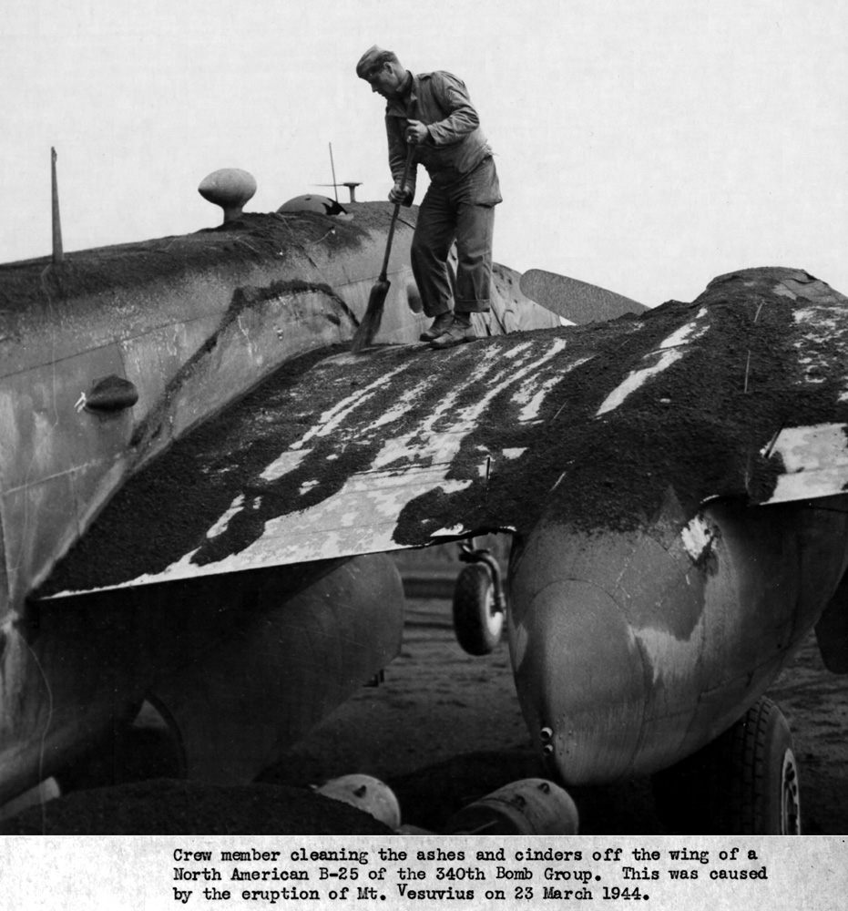 340th Bombardment Group B-25 Mitchell covered with ash from Mount Vesuvius